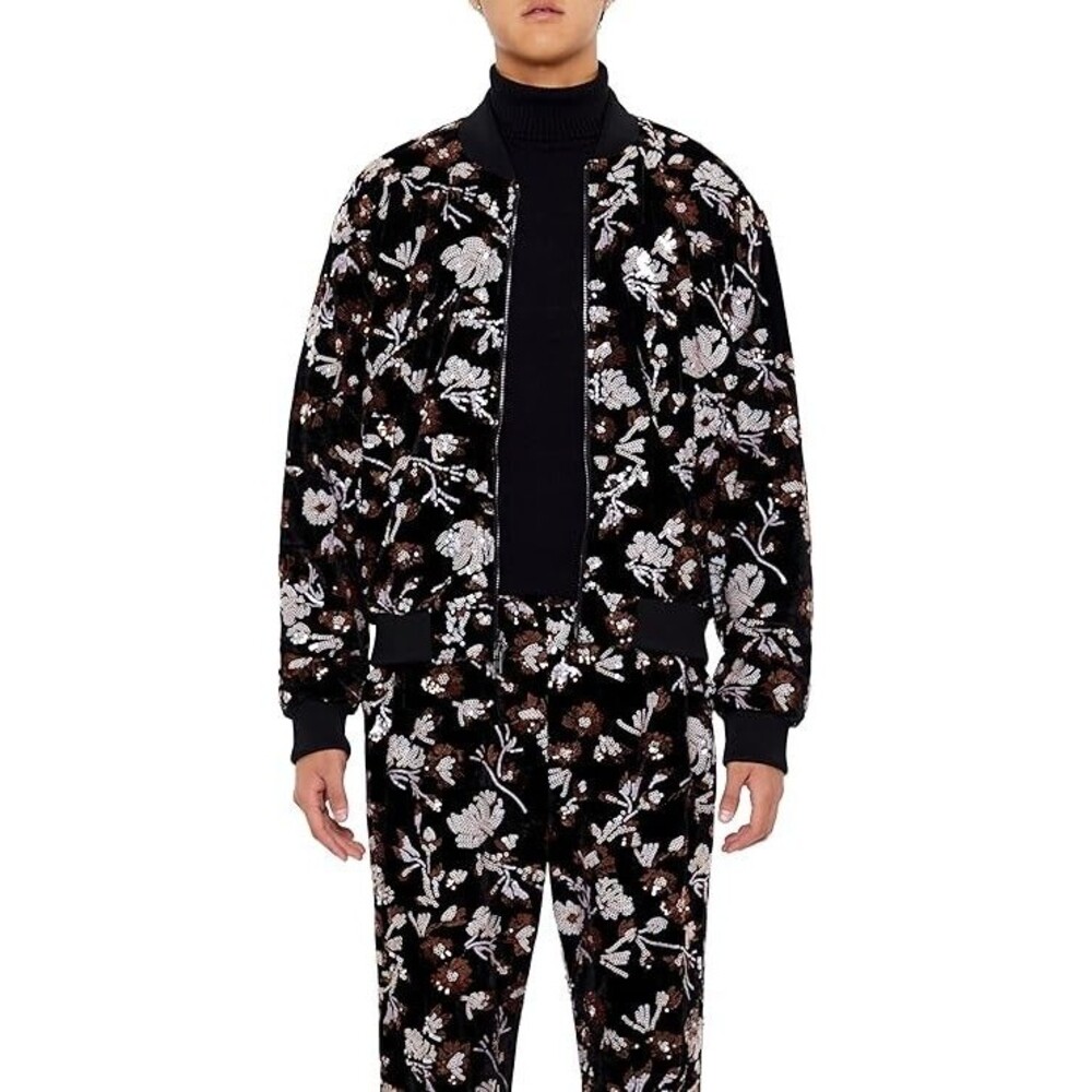 NEW Forever 21 Men’s Floral Sequin Bomber Jacket Coat Sz LARGE